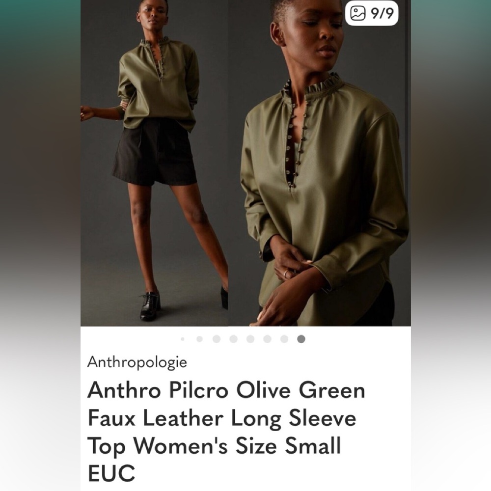 Anthro Pilcro Olive Green Faux Leather Long Sleeve Top Women's Size Small EUC